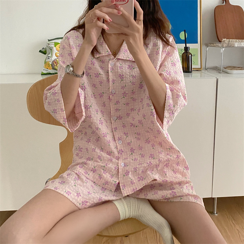도매핏 여자 홈웨어 포근한  여름 일본식 감미로운 소녀감 칠부소매 기모노 플라워 체크 홈웨어 세트