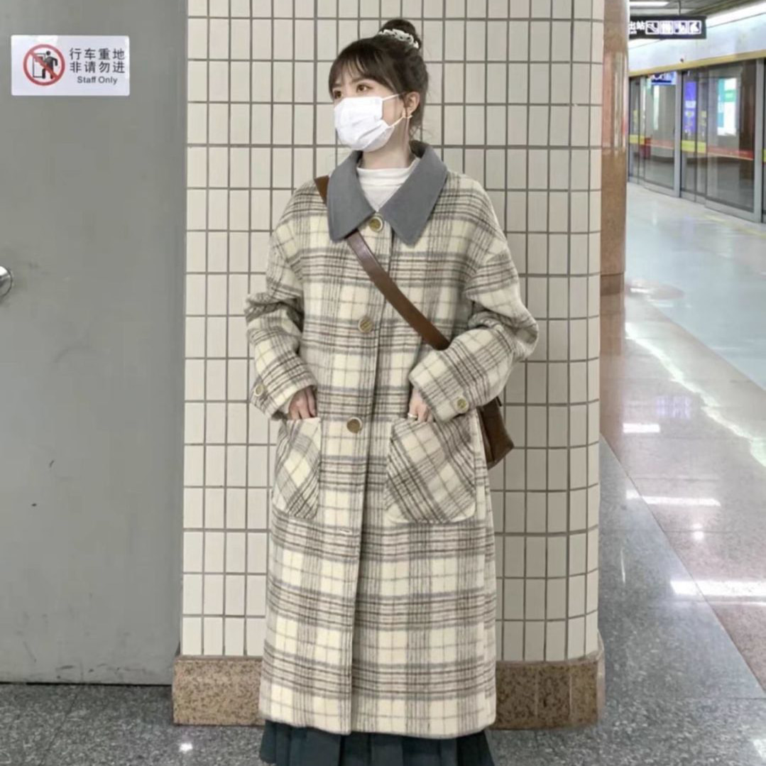 도매핏 여성패딩 가을 겨울 가벼운 한국계 코트 장극동일 트렌치코트 패치 빈티지 모직 롱 체크