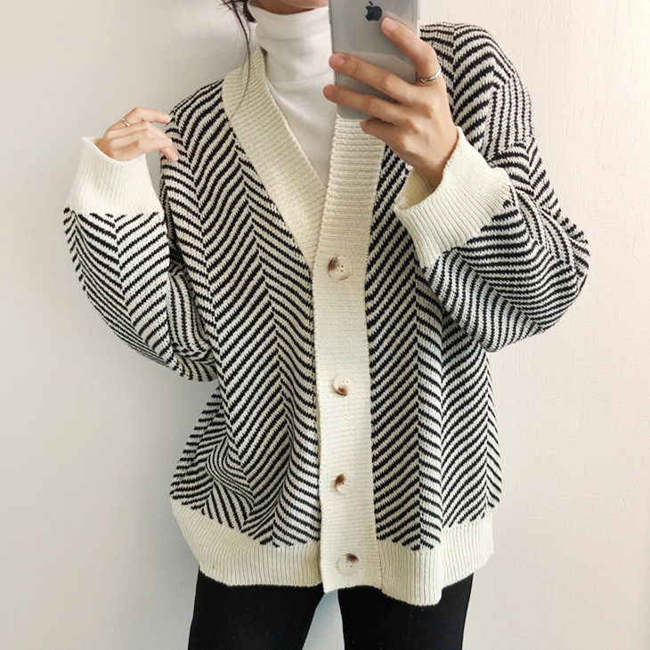 도매핏 여성 니트 한국 빈티지 나른한 V넥 싱글 박시 불규칙 마름모 무늬 카디건 스웨터 코트